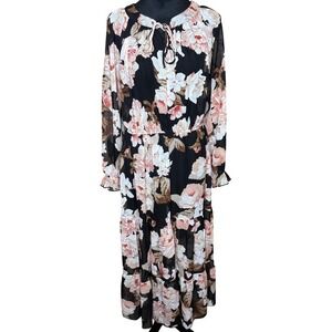 En Focus Studio Women's Maxi Dress Sz 10 Black Floral Long Sleeve Sheer Elegant‎